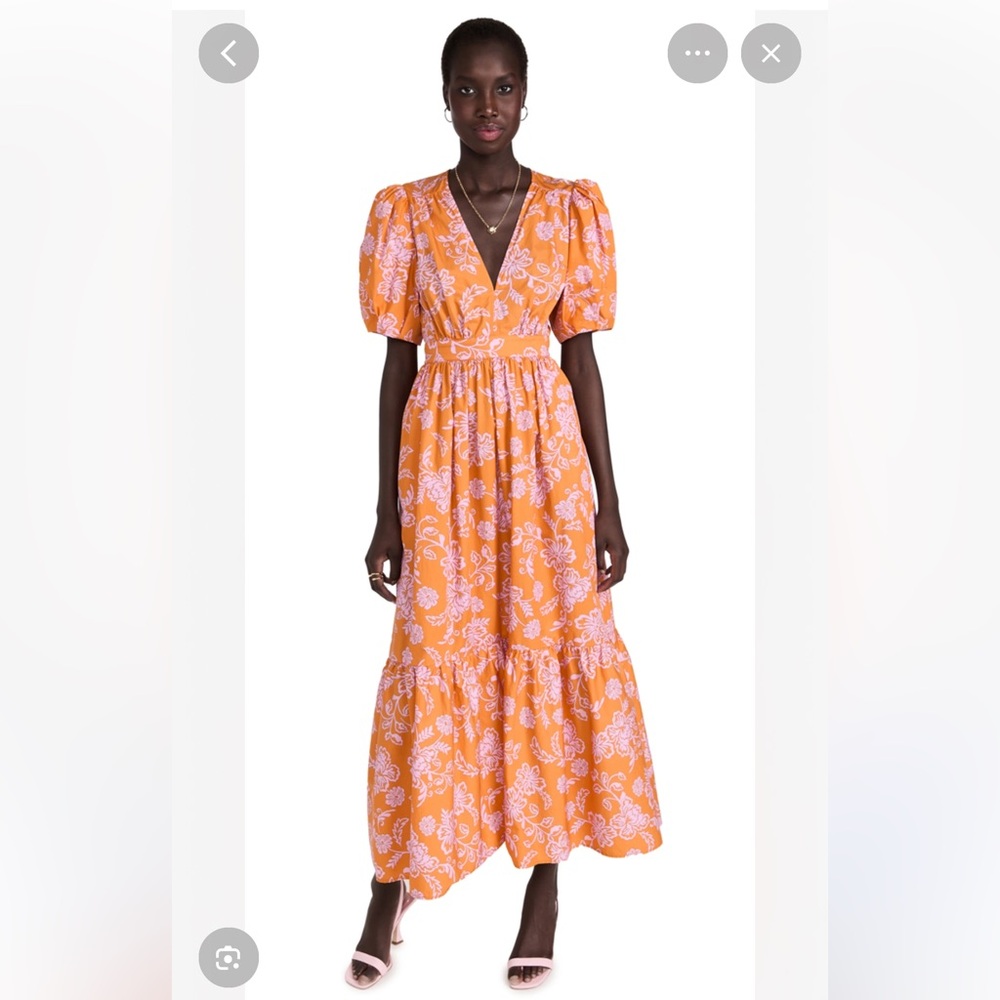 NWOT XIRENA Larkyn Orange Pink Print Midi Maxi Puff Sleeve Ruffle Dress XSmall